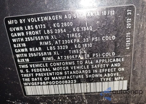 2013 Volkswagen Touareg Vr6 Sport из США, поврежденный, VIN WVGEF9BP0DD008323